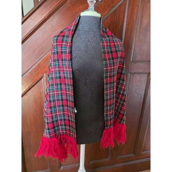 Vintage Scottish Tartan Plaid Wool Scarf With Red Fringe - Picture 1 of 4